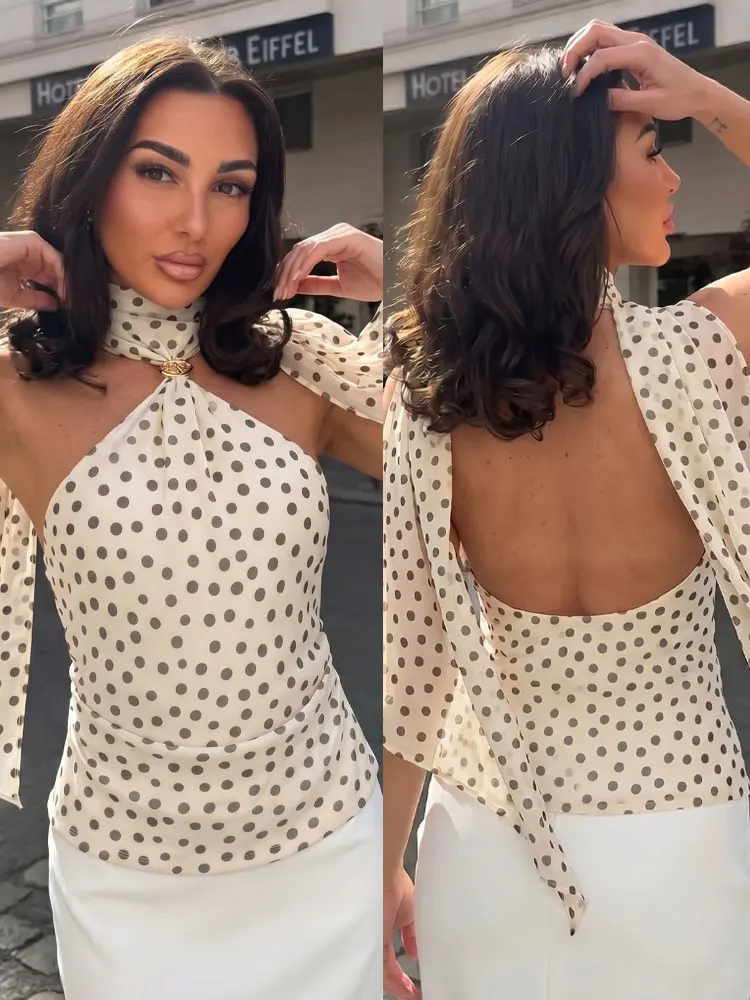 HH Women Sleeveless Backless Elegant Polka Dot Vests Tops Sexy Halterneck Summer Night Date Slim Vest Casual Streetwear Outfits