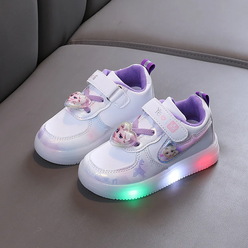 Disney Kids Girls Shoes Children Sneakers Girls LED Light Elsa Frozen Princess Casual Sport Shoes Student Teen Shoes Size