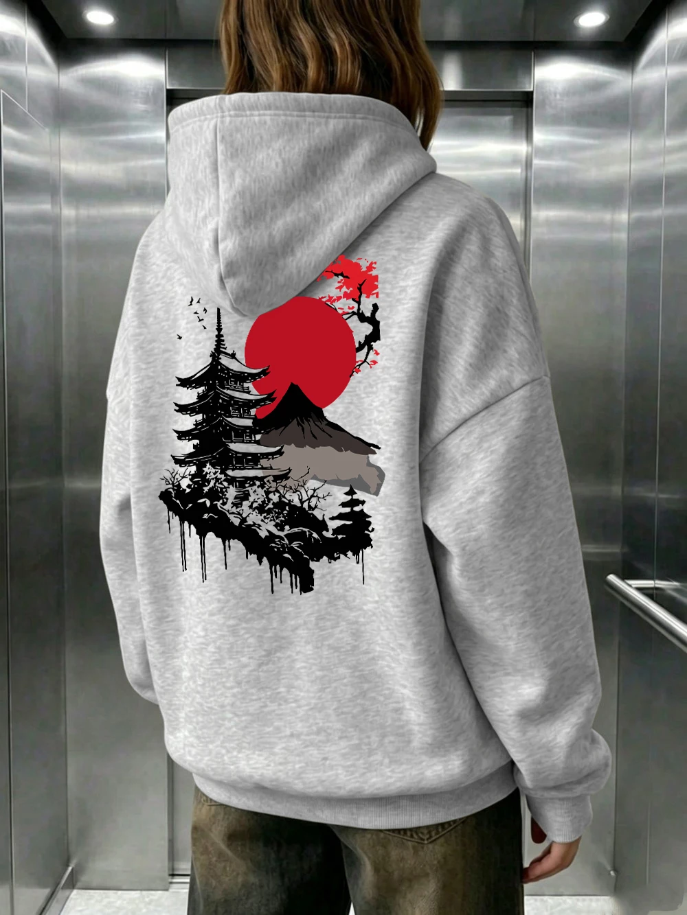 Japanese Sunset Mountain Ranges Printed Hoodies Womens Winter Pocket Jogging Sweatshirts Casual Fleece Tops Sporty Loose Clothes