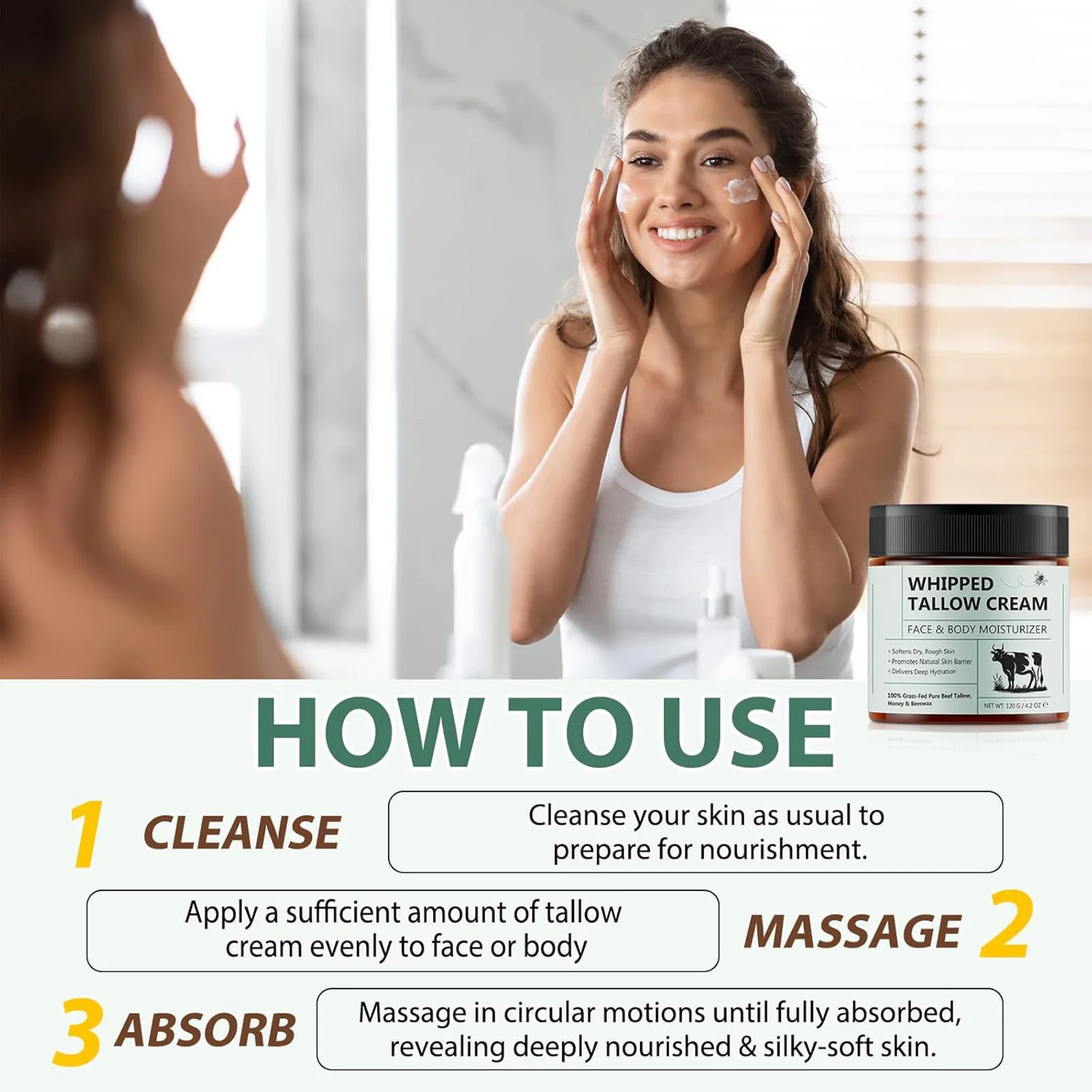 120 جرام مرطب للوجه من الشحم العضوي من العشب العضوي المخفوق من لحم البقر الشحم مع شمع العسل والعسل مرطب عميق لجسم الوجه