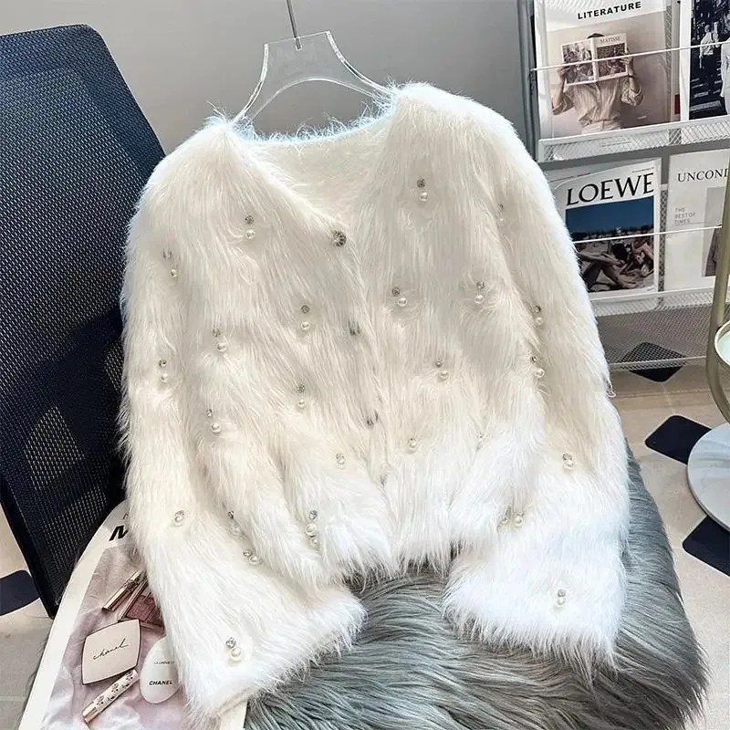 Autumn/Winter Thickened Short Imitation Mink Fleece Knitted Cardigan Women Sweater High end Warm Loose V-neck Winter Women Coat