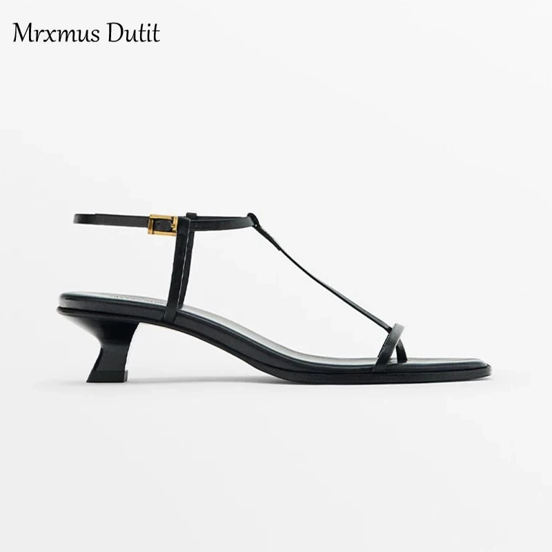 Mrxmus Dutit2024 New Spring Summer Women Genuine Leather T-strap Sandals Mid Heel Sandals Solid Casual Elegant Shoes Female Chic