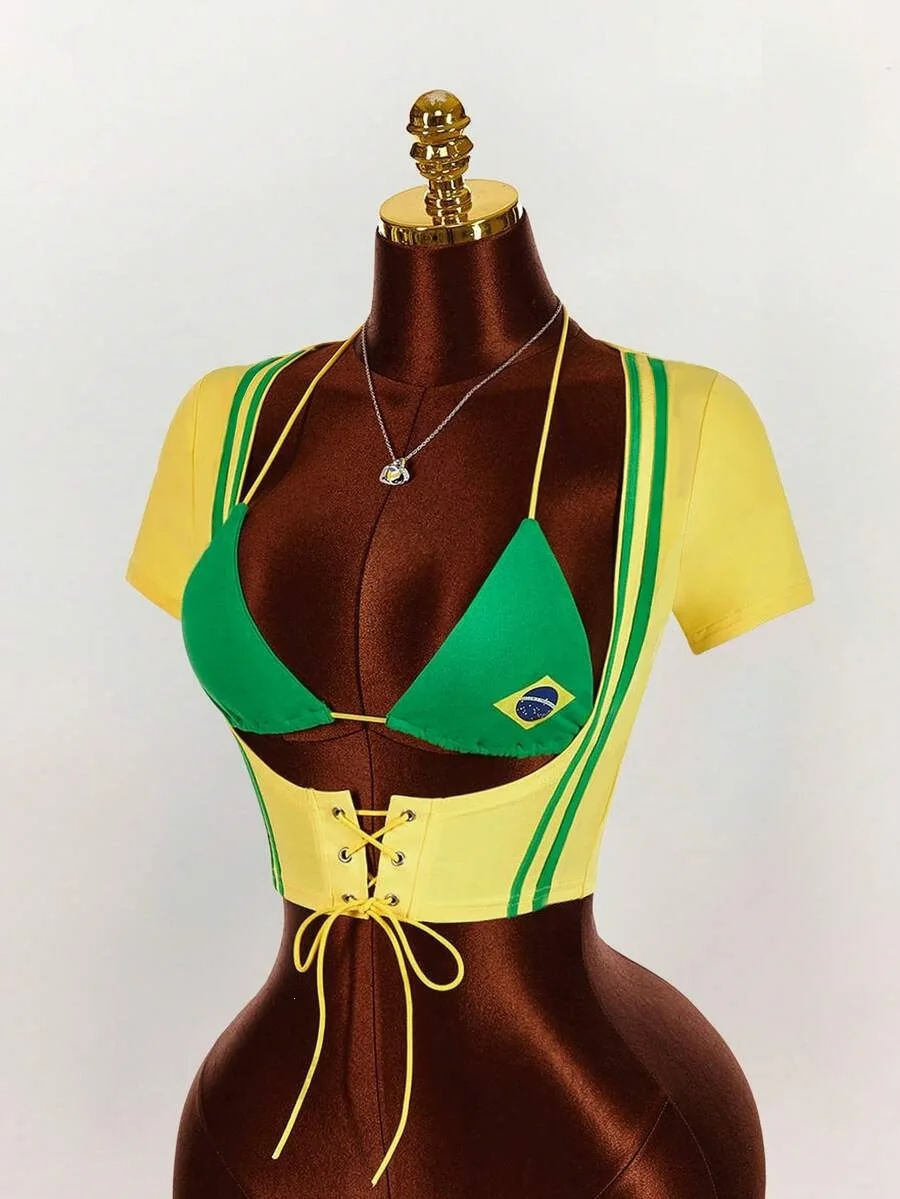 Brazil Flag Print 3 Piece Outfit Halter Bikini Top Lace Up Corset Short Sleeve Shrug Y2K Party Set