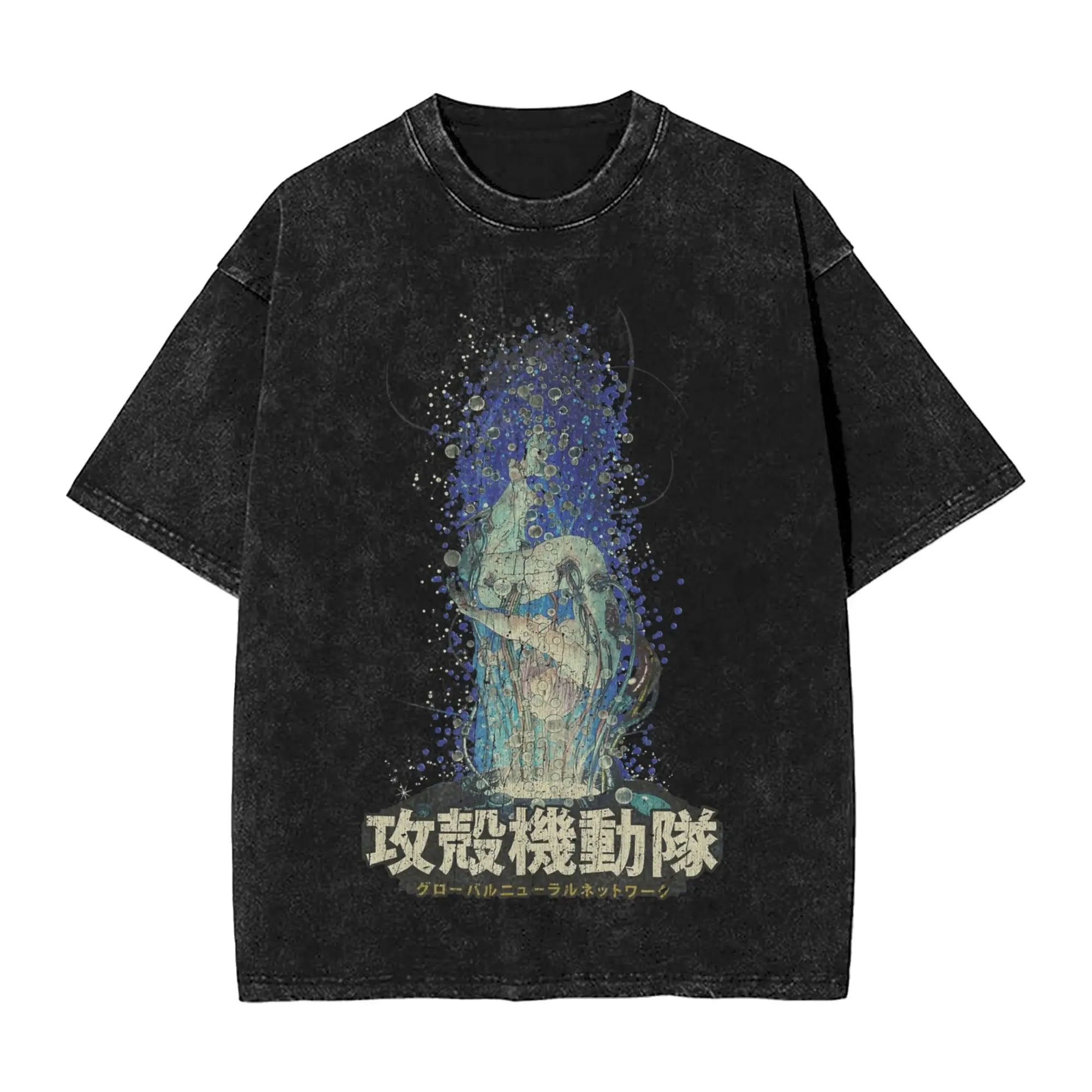 Washed T Shirts Ghost in The Shell Hip Hop Retro T-Shirt Harajuku  Streetwear 100% Cotton Summer Tops Tee Shirt Men Women