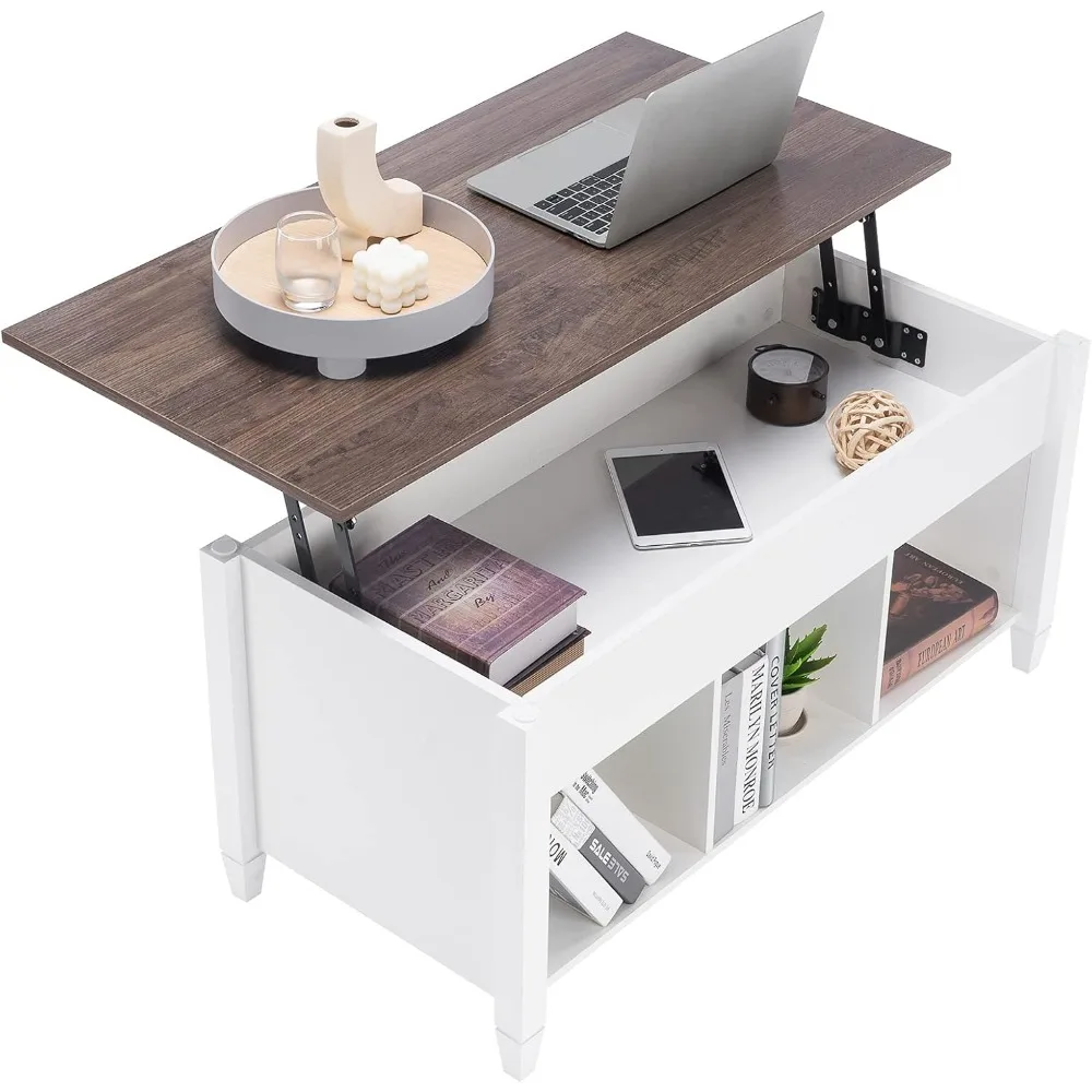 

Журнальный столик с подъемным верхом и полкой для хранения вещей со скрытым отделением и 3 нижними открытыми полками для гостиной, белый