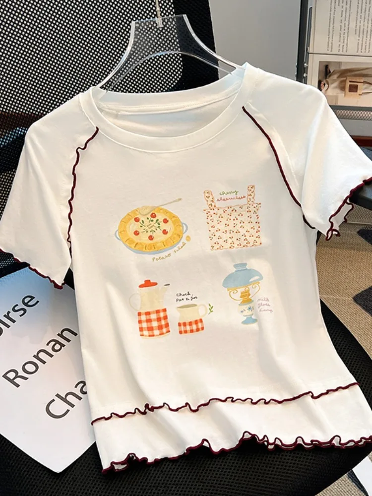 

Unique ort Sve T-irt Women's Slim Fit Summer Unique Beautiful Small Top with Wood ain Korean Sle Commute Wind