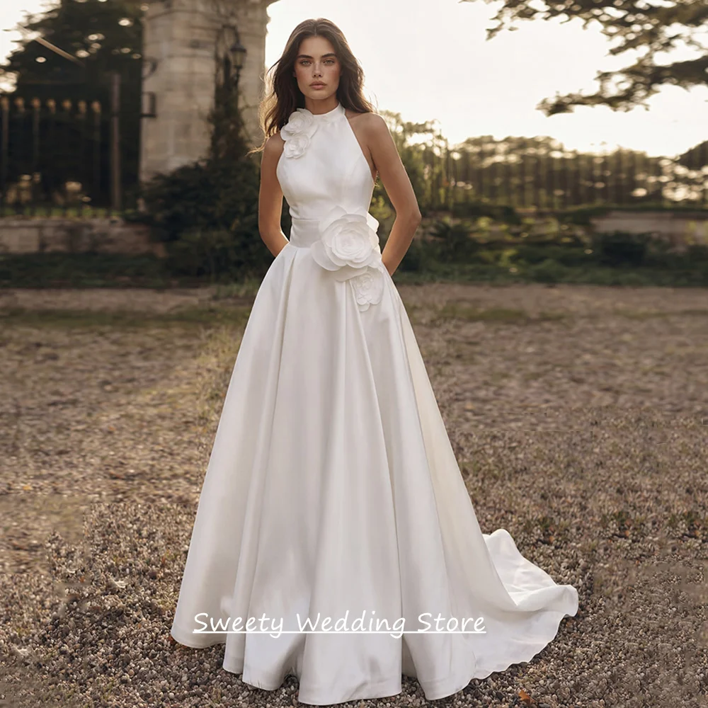 

New Wedding Dress for Bride 2026 Customized Halter Sleeveless Flowers A Line Sweep Train Bridal Gown Vestido De Noiva