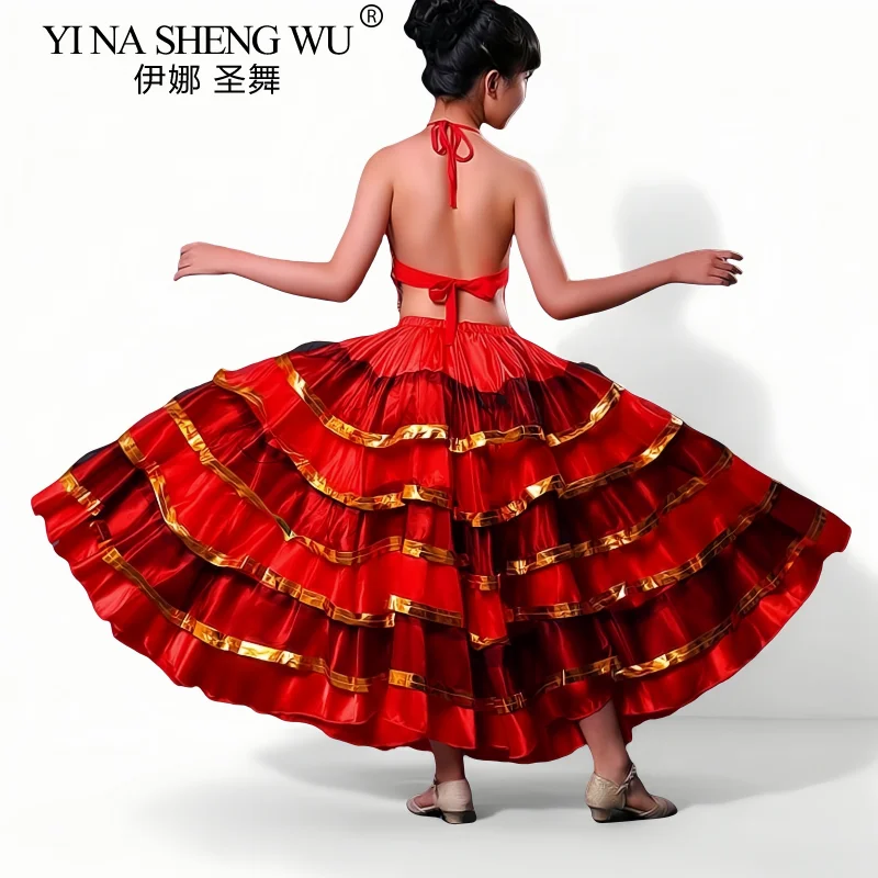 Robe de danse longue rouge Style Flamenco pour filles, Costume espagnol, jupe de salle de bal noire pour enfants, vêtements de danse 180/360/540/720 degrés