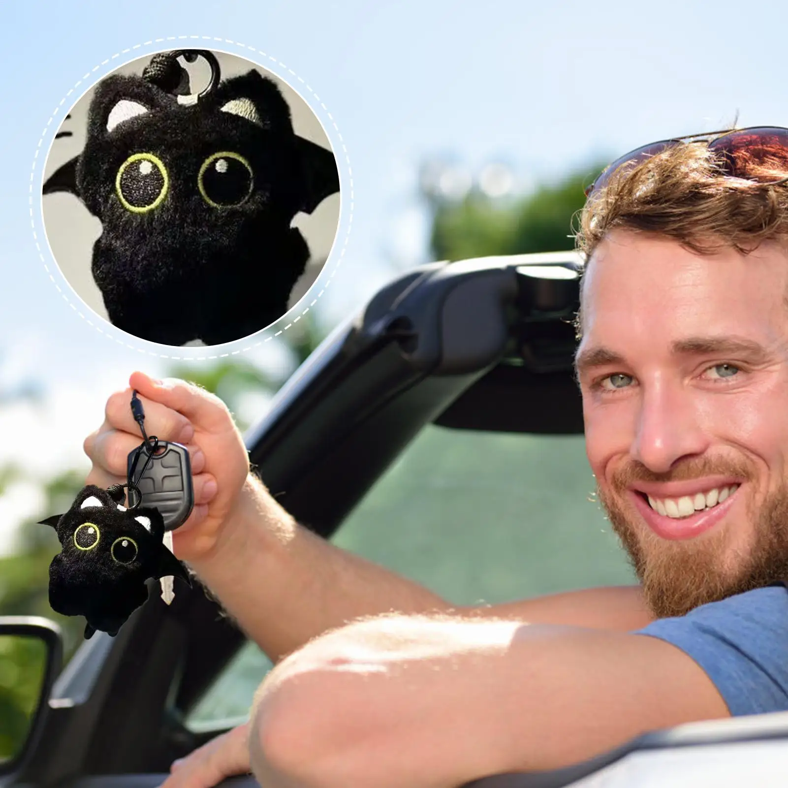 Rearview Mirror Pendant Decoration Cool Plush Black Cat Keychain Bag Pendant Charms Car Keyring Accessories for Men and Women