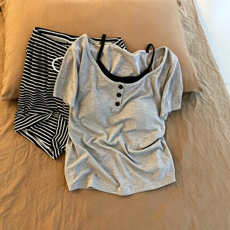 Striped Vintage Fashion Pajama Set 2026 New with Chest Pad Short Sleeve Loungewear Casual Ladies Homewear Sleepwear Korean