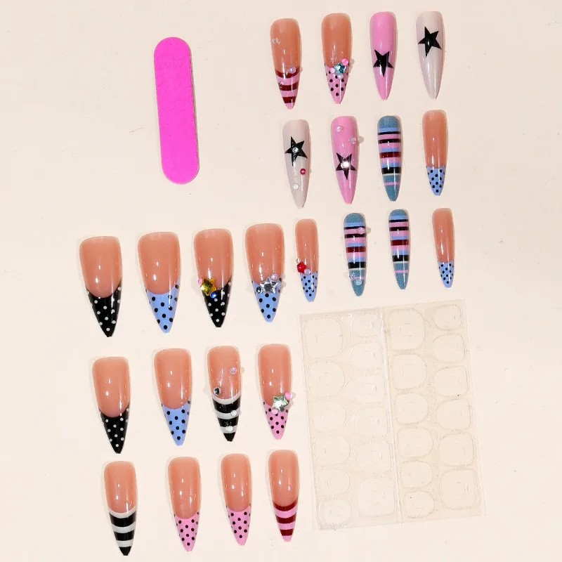 24PCS Y2k Pink Long Stiletto Press on Nails Black Striped Polka Dot Star Pattern French Fake Nails with Rhinestone Acrylic Nails