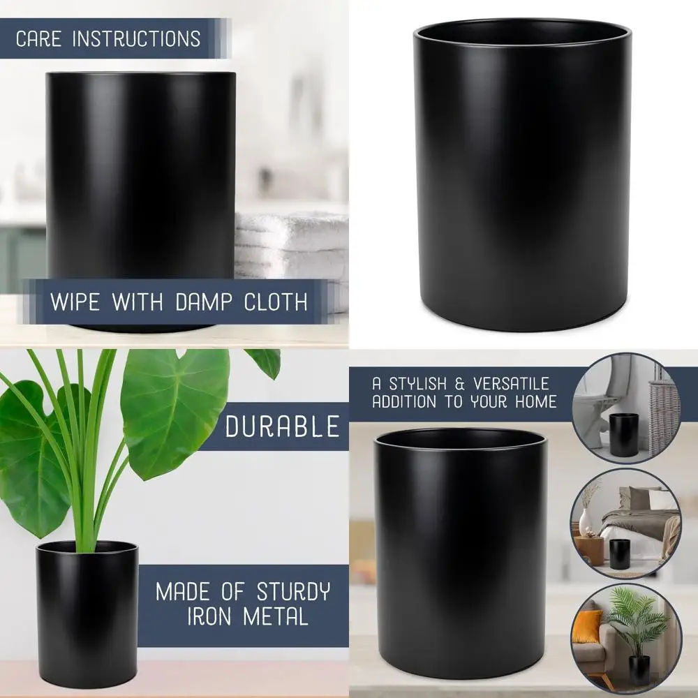 

9.5 x 8 Metal Trash Bin, 2.25 Gallon Capacity, Black, Ideal for Bathroom, Home or Office