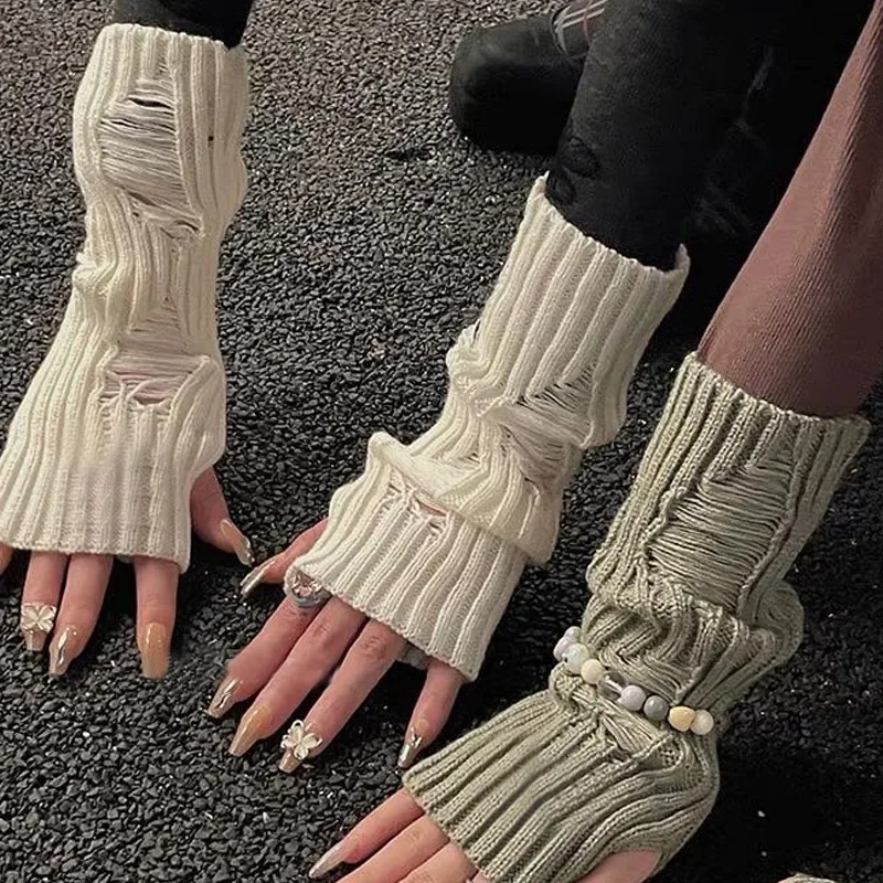 Unisex Gloves Tattered Punk Gothic Half Fingerless Cuff Knit Gloves Women Men Soft Mittens Broken Stretch Arm Warmer Gloves