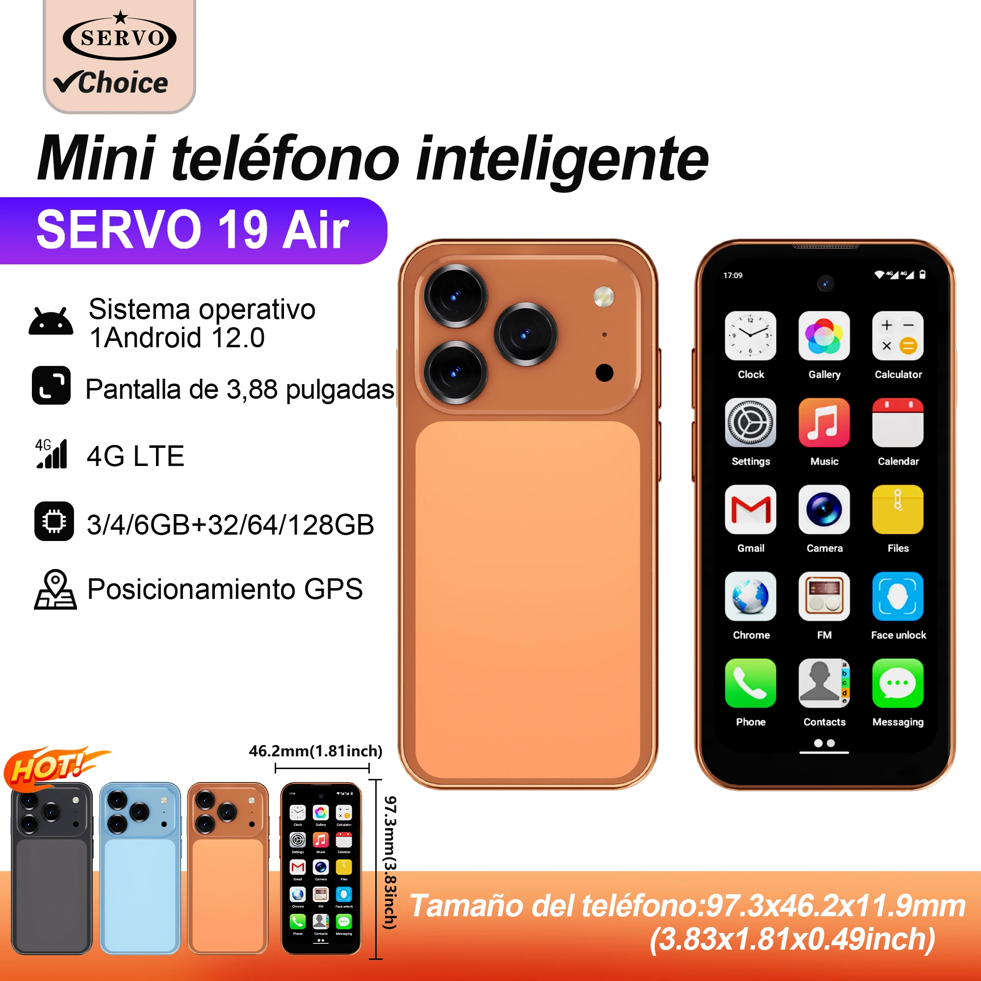 SERVO 19Air mini teléfono inteligente Android 4G LTE 3,88 "pantalla HD tarjeta SIM Dua 2000mAh 6GB + 128GB pequeño teléfono móvil GPS OTG Play Store
