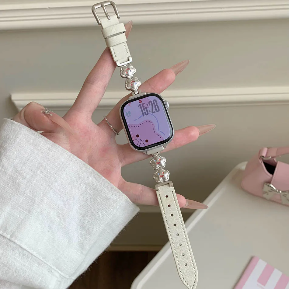 سوار أنيق من الجلد المعدني لساعة Apple Watch Series 11 10 9 8 7 6 SE 5 4 3 2 UItra iWatch 49 مم 46 مم 45 مم 44 مم 42 مم 41 مم 40 مم 38 مم أحزمة سوار زهرة وجه مبتسم