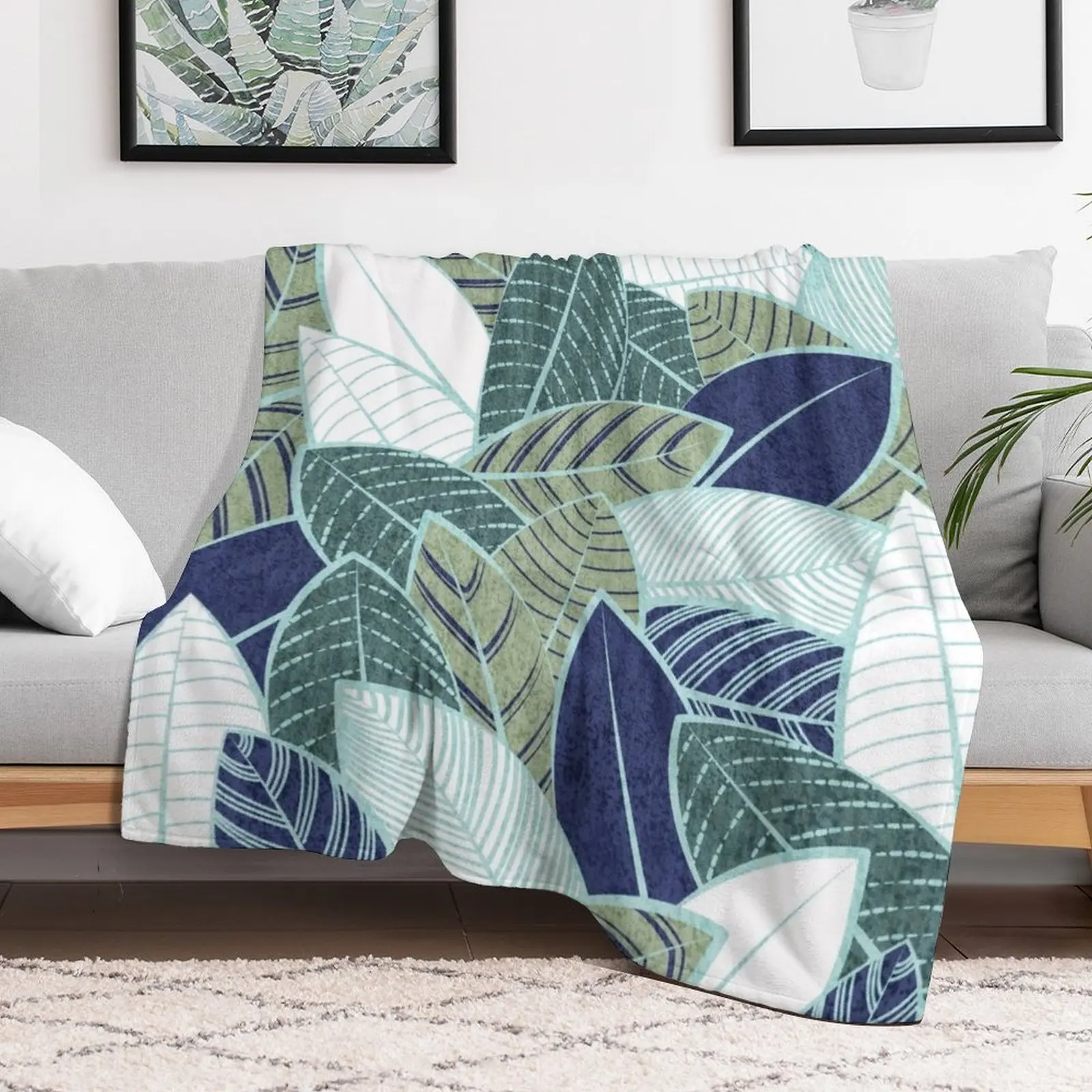 Leaf wall // navy blue pine and sage green leaves mint lines Throw Blanket Luxury Brand Blankets For Baby Shaggy Blankets