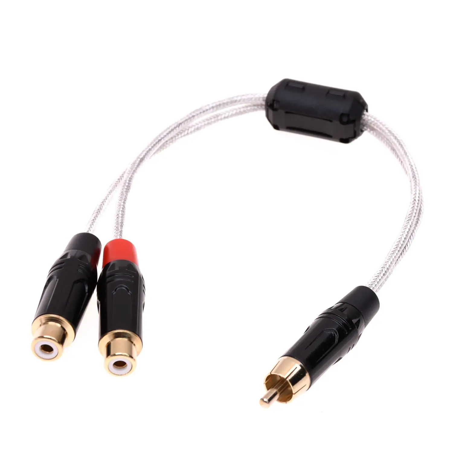 20CM Clear Silver Plated Shield RCA Male to 2 RCA Female 1 to 2 Audio Adapter Cable