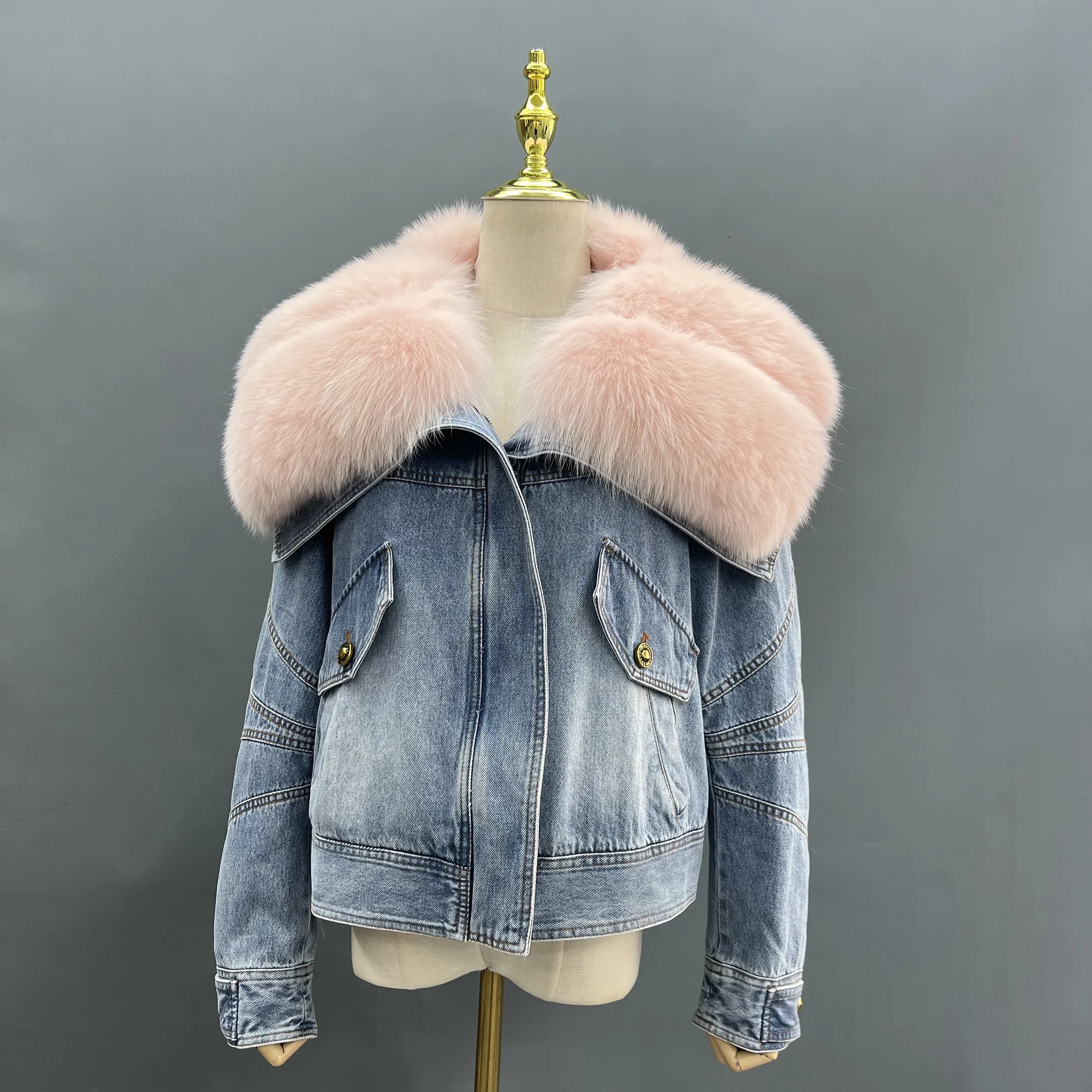 Denim Big Fox Fur Jacket, Warm Down, Feather Lining, Winter Coat, Street Wear