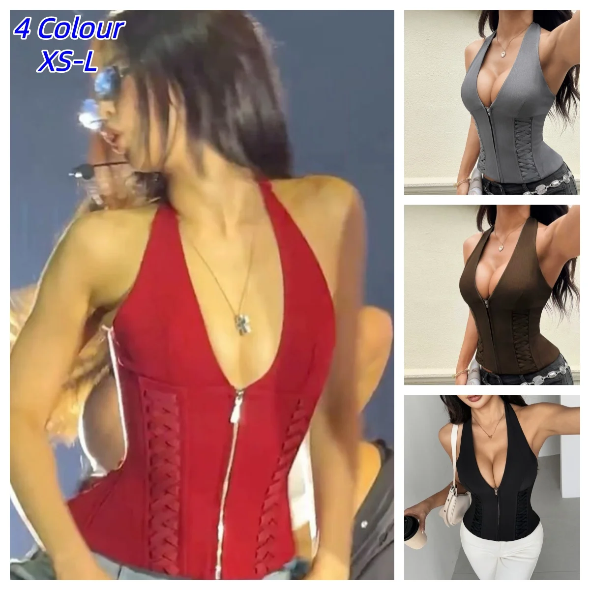 Bandage Shaper Korsett-Tops Weste Kleidung Y2k Sexy Ausgeschnittenes Neckholder-Cami Damen Französische Schlanke Korsetts Bustier Reißverschluss Tank Top Retro