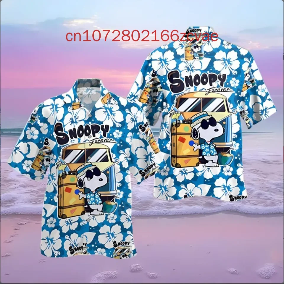 New Snoopy Hawaiian Shirt Men's and Women's Children's Button Short Sleeved Shirt Fashion Street Casual Shirt