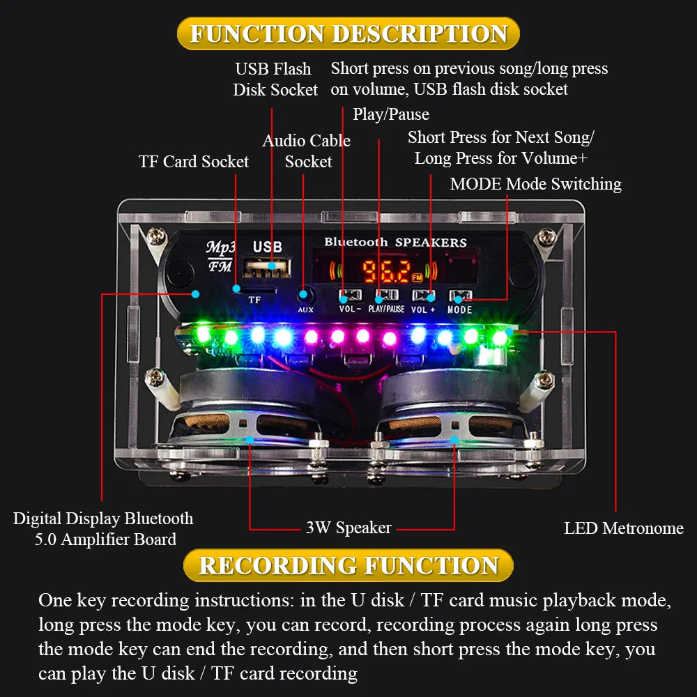 Kit de alto-falante bluetooth diy com rádio fm 87.5-108mhz, projeto de solda diy, kit de módulo eletrônico de prática, montagem de solda, disco u