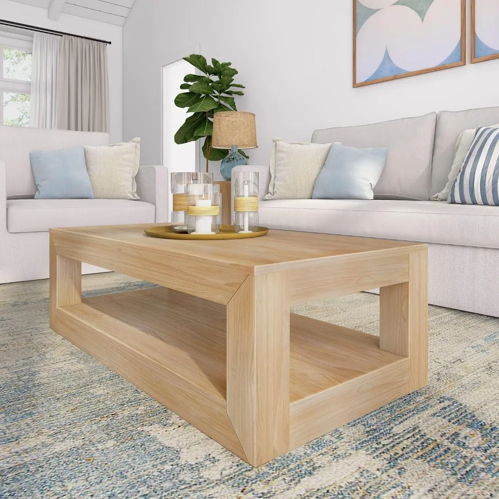 Modern Rectangular Coffee Table with Shelf, Solid Wood, 40 Inch, Center Table with Storage, 2 Tier Tea Table for Living Room