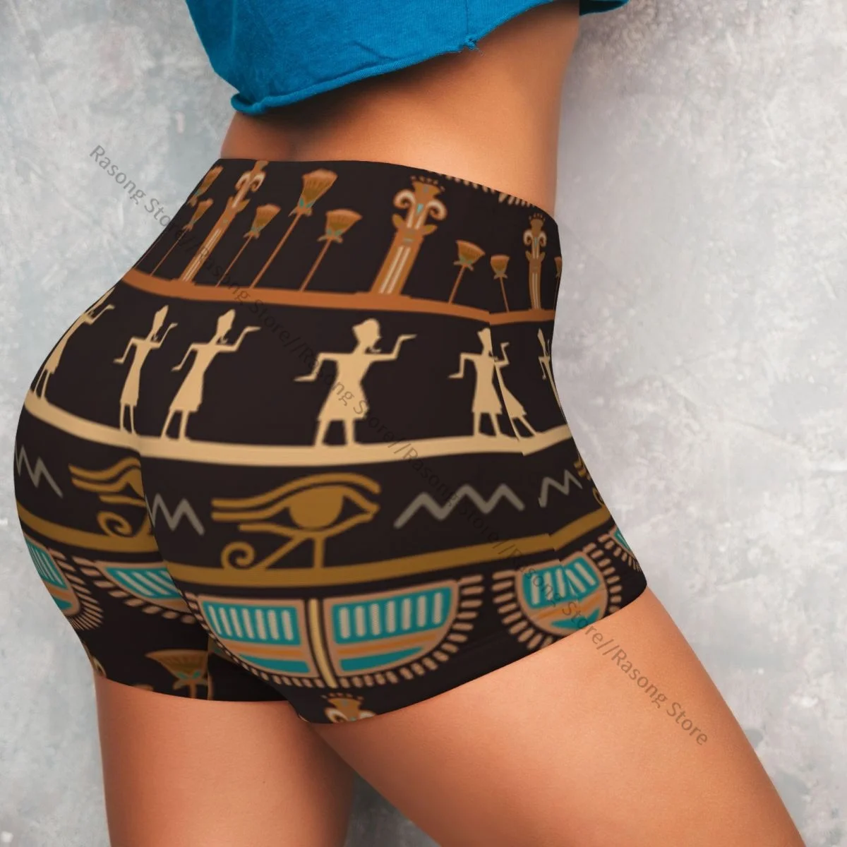 Shorts de yoga feminino tribal egípcio vintage silhuetas étnicas scrunch booty levantamento de bunda conforto fitness ginásio