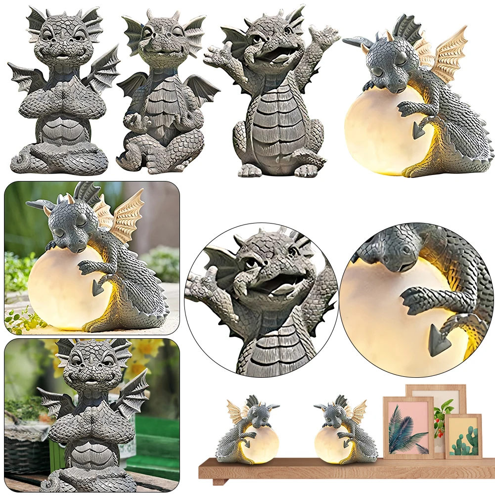 

Garden Dragon Statue Happy Dinosaur Cheering You Resin Figurine Outdoor Spring Decorations Decorative Accent Sculpture with Lamp