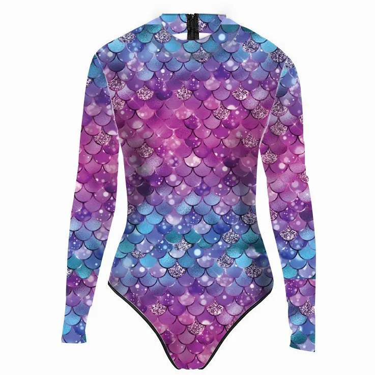 

Women Mermaid Costume Long Sleeve Bodysuit Swimsuit Shiny Fish Scale Print Full Length Unitard Jumpsuit Gymnastics Sport Leotard