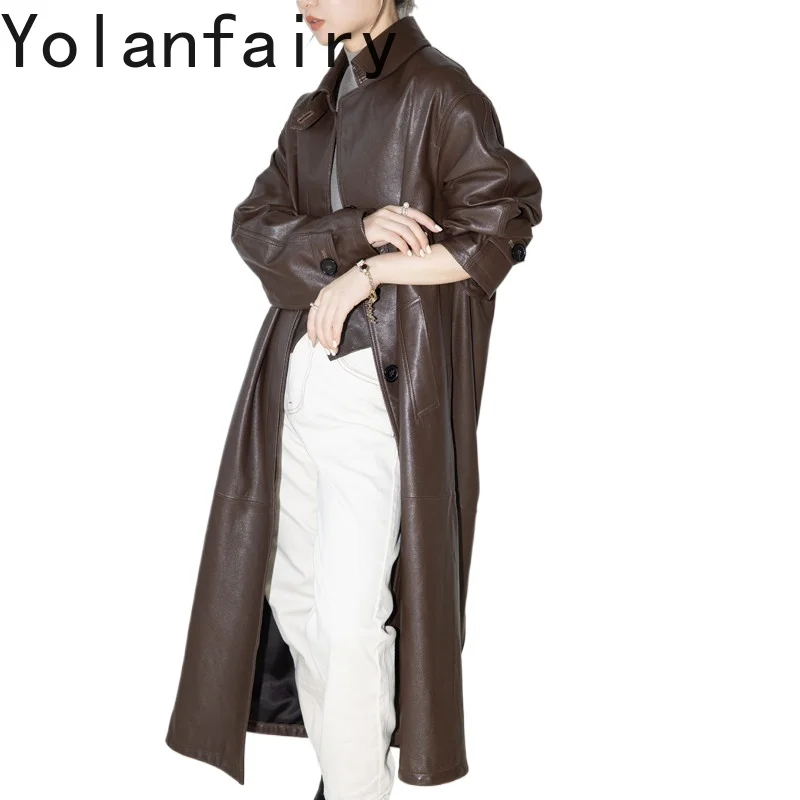 

YOLANFAIRY Luxury Women Long Trench Coat Genuine Sheepskin Jacket Vegetable Tanned Leather Oversized Leather Coat Elegant 2026