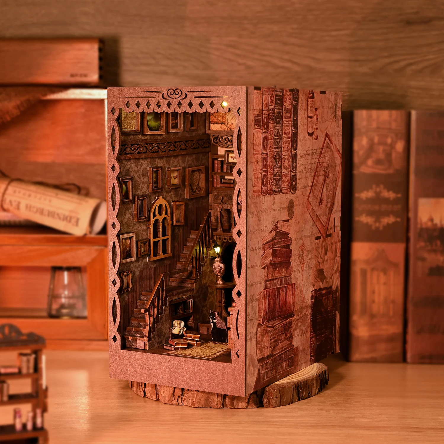 

DIY Book Nook Kit 3D Wooden Book Stand Puzzle LED Glowing Book Nook Dollhouse Kit Creative Miniature Book Nook Christmas Gifts