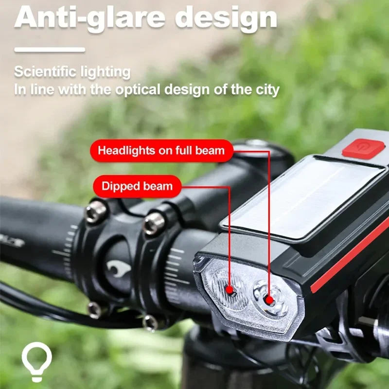 Zonne-Fiets Licht Usb Oplaadbare 120db Mountain Road Bike Lamp Met Hoorn Waterdichte Mtb Fietsen Koplamp