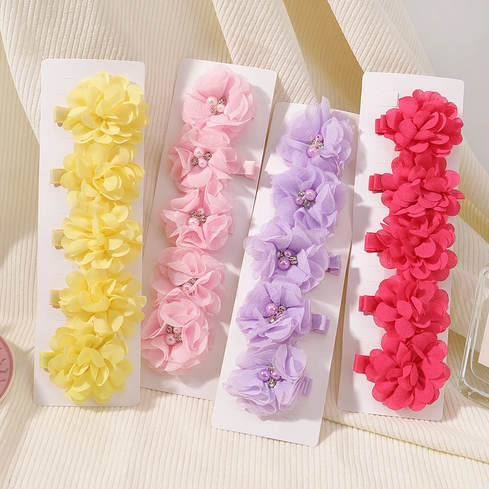 3/5pcs Children Handmade Chiffon Petals Poppy Flower Hair Clips Rolled Rose Fabric Hair Flowers for Kids Girls Hair Accessories