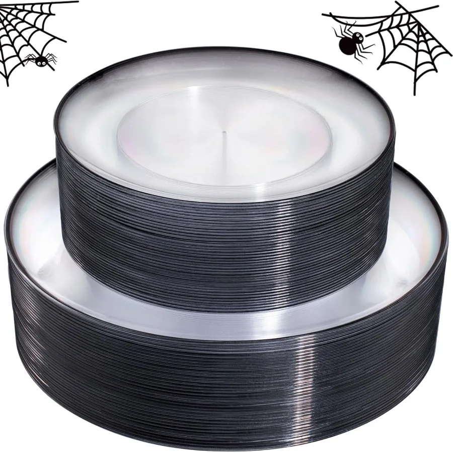 

60 Pcs Black Plates Disposable for Party Halloween Dinner and Appetizer Dessert Sets with Clear Design Includes 30 Large 10.25