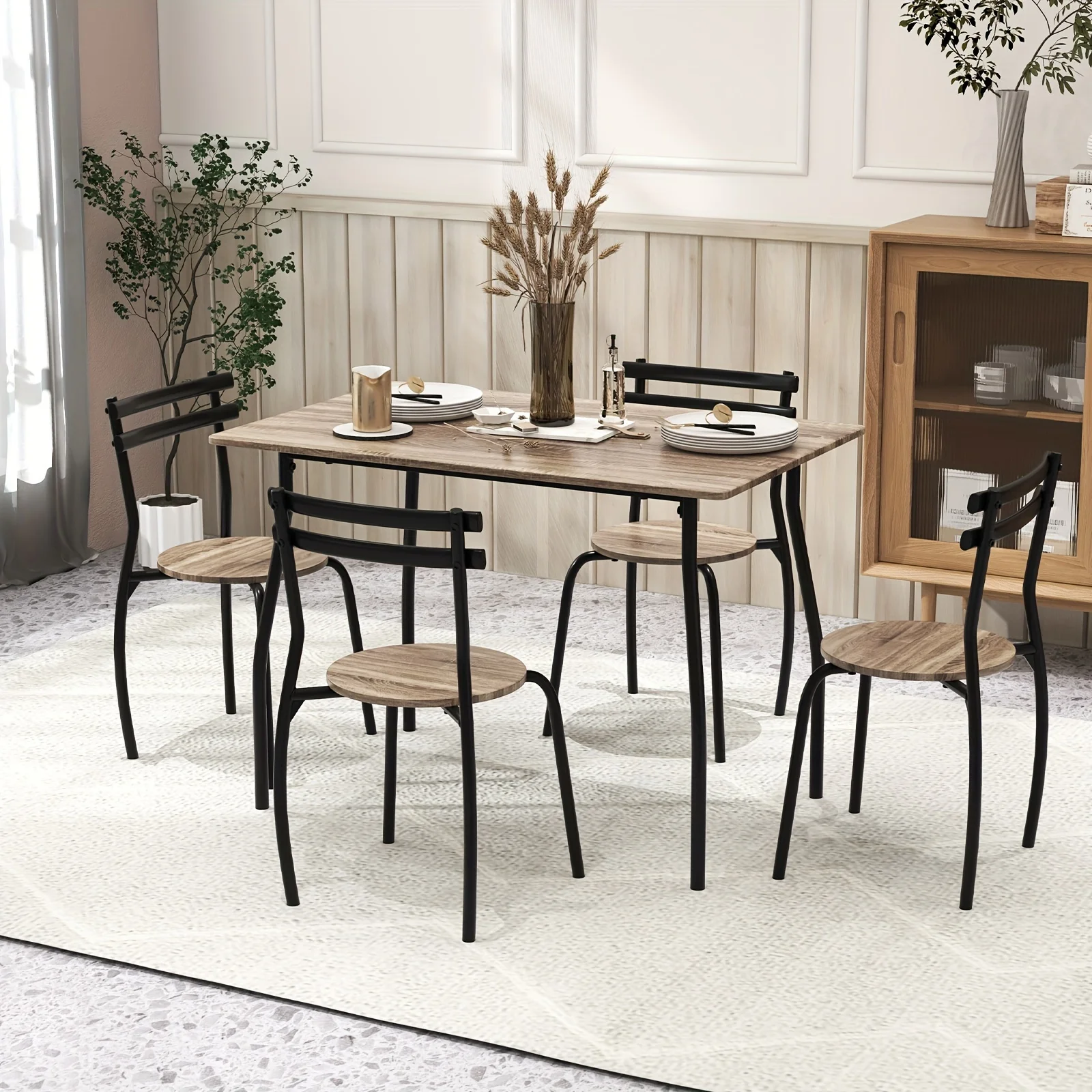 

5PCS Dining Table Set 4 Chairs Wood & Metal Frame Space-saving Kitchen Furniture