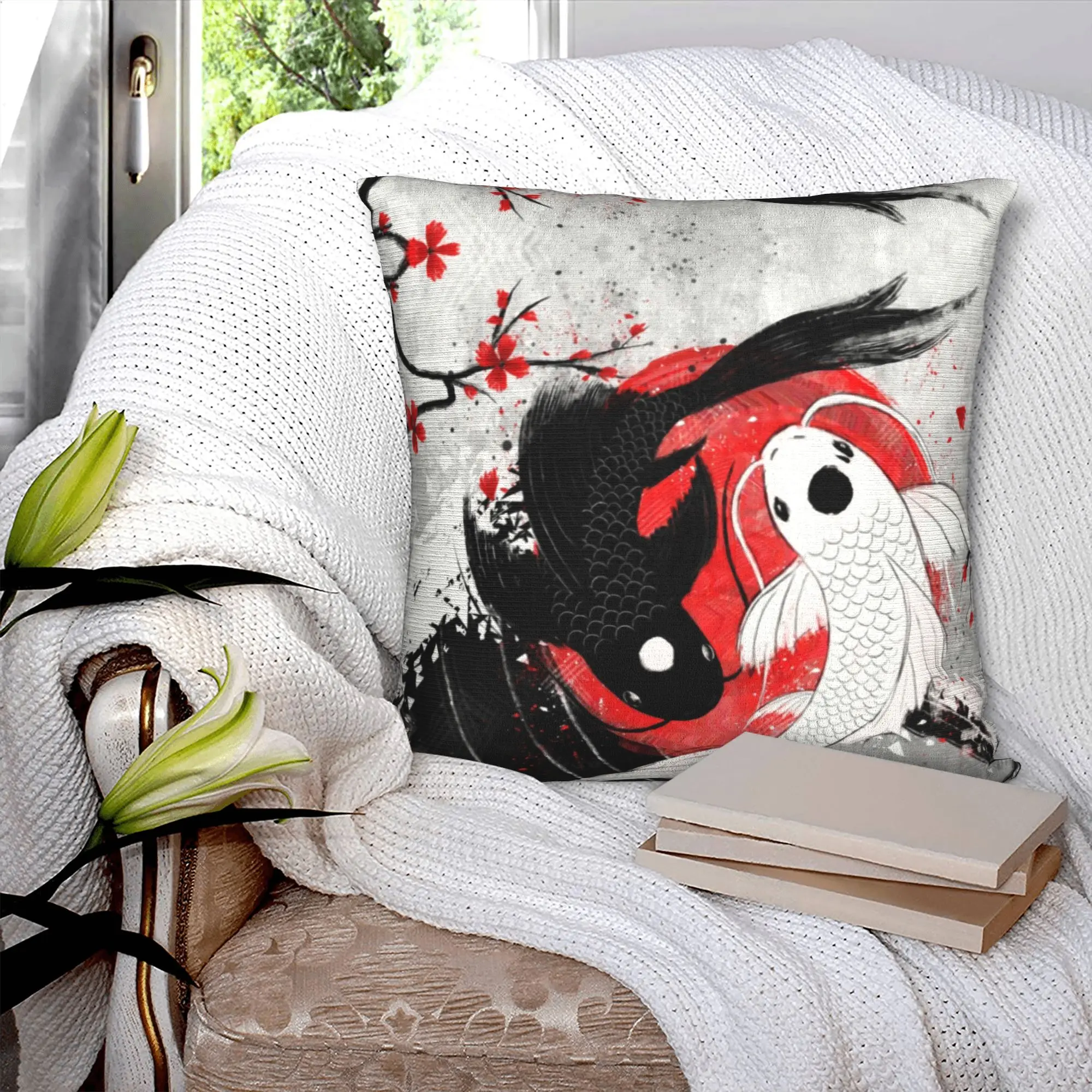 Luxury Koi Fish Yin Yang Cushion Covers 40x40cm Velvet Japanese Sakura Floral Pillow Case for Sofa Square Pillowcase Decoration