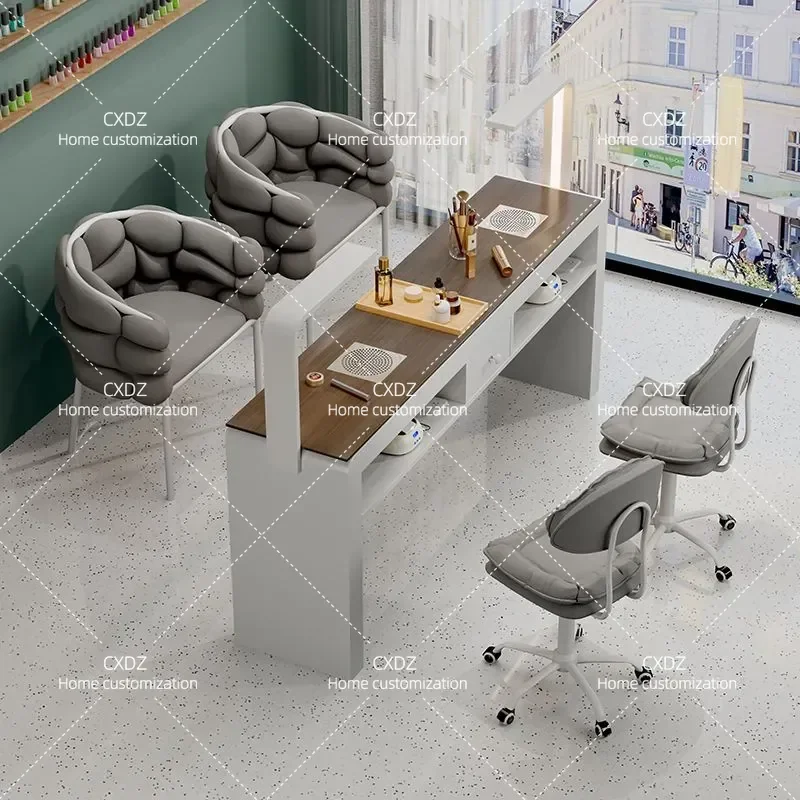 Retro Cream Style Nail Art Table and Chair Set Multi Functional Light Luxury Manicure Desk for Single or Double Use