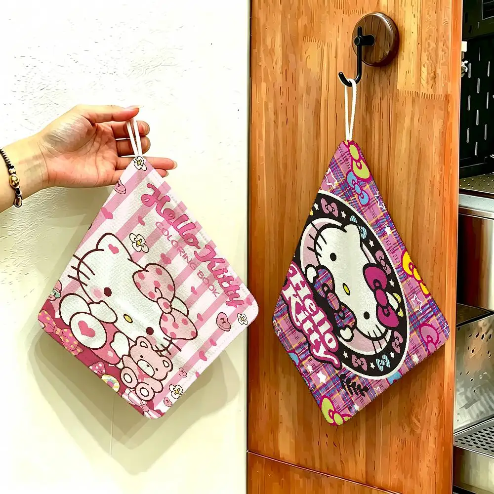 Cartoon H-HelloS K-KittyS Polyester Cotton Hand Wiping Towel with Hanging Loop, Lightweight for Home and Commercial Use