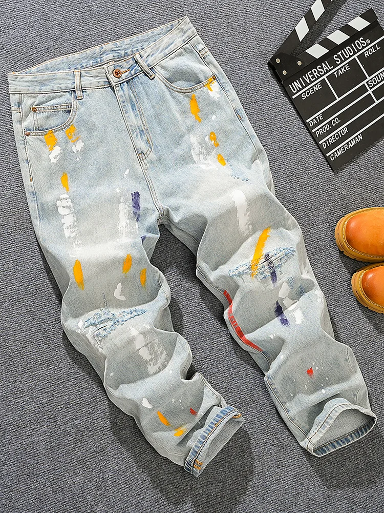 Spring and summer loose straight leg jeans for men, splashed ink dot paint print, fashionable distressed patch, wide leg pants