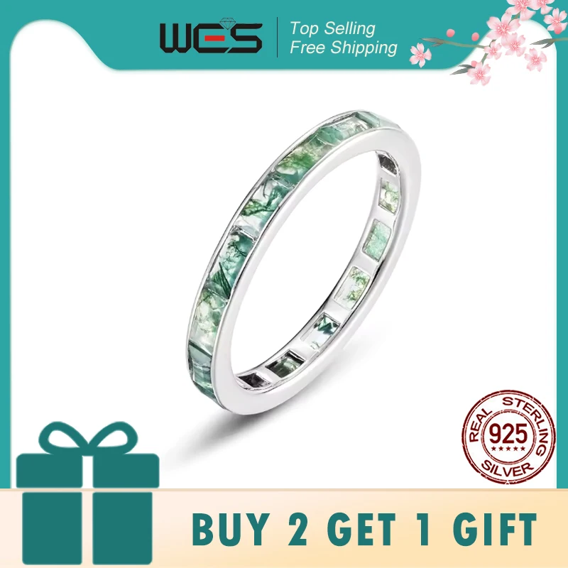

WES 925 Sterling Silver Natural Moss Agate Finger Ring for Woman 2*4mm Green Gemstone Wedding Gift Rhodium Plated Wholesale
