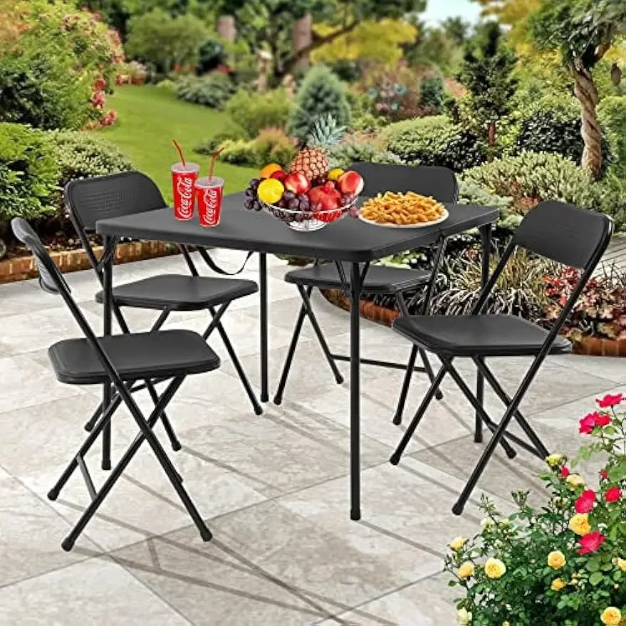 Juego de mesa de comedor y silla Premium de 5 piezas, con mesa de tarjeta superior y asiento acolchado de 4 telas y respaldo, sillas plegables, negro