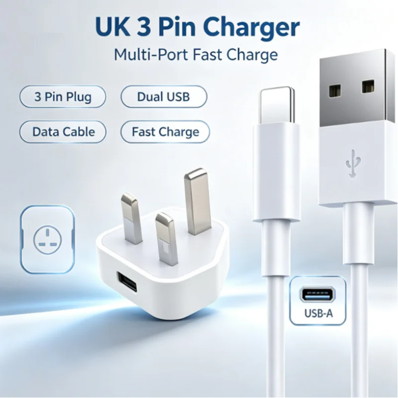 UK Plug 3 Pin Wall Charger Adapter Multi-Port Quick Charge Adapter with iPhone Data Cable for iPhone Samsung Huawei Phone Tablet