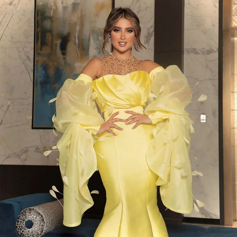 

Saudi Arabia 2024 Party Prom Dresses Exquisite Mermaid Evening Dress Off Shoulder Yellow Feather Formal Occasion Gowns Women