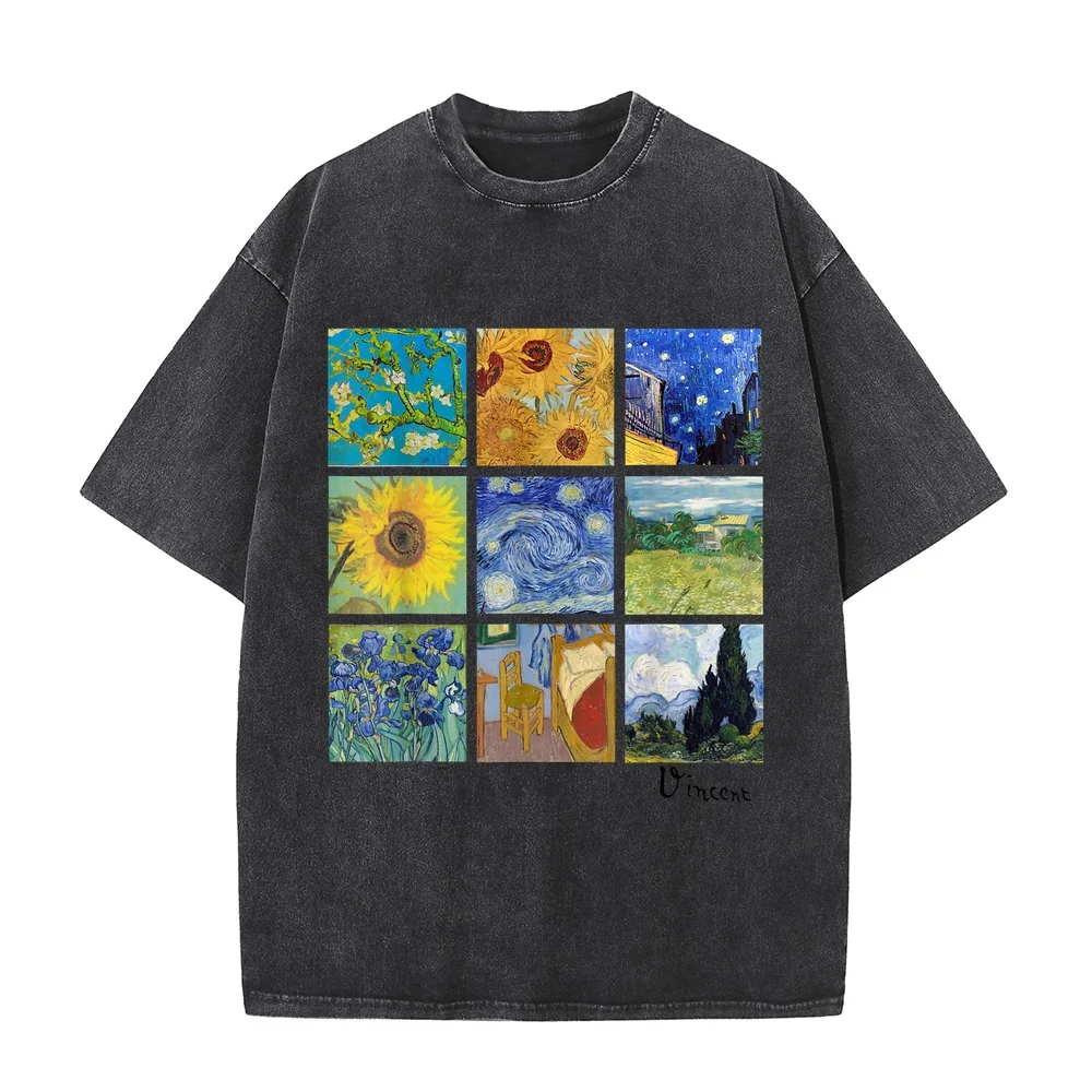 Van Gogh Paintings Suowers Starry Night T-Shirt Футболки Men's Clothing Oversized Unisex Tee Round Neck Cotton Shirt Humor