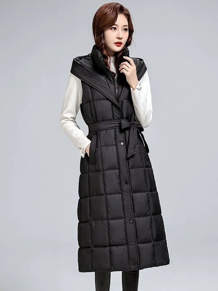 Down Cotton Vest Women Autumn Winter Coat 2024 New Hooded Long Sleeveless Jacket Waistcoat Female Tops Outerwear Chaleco Mujer