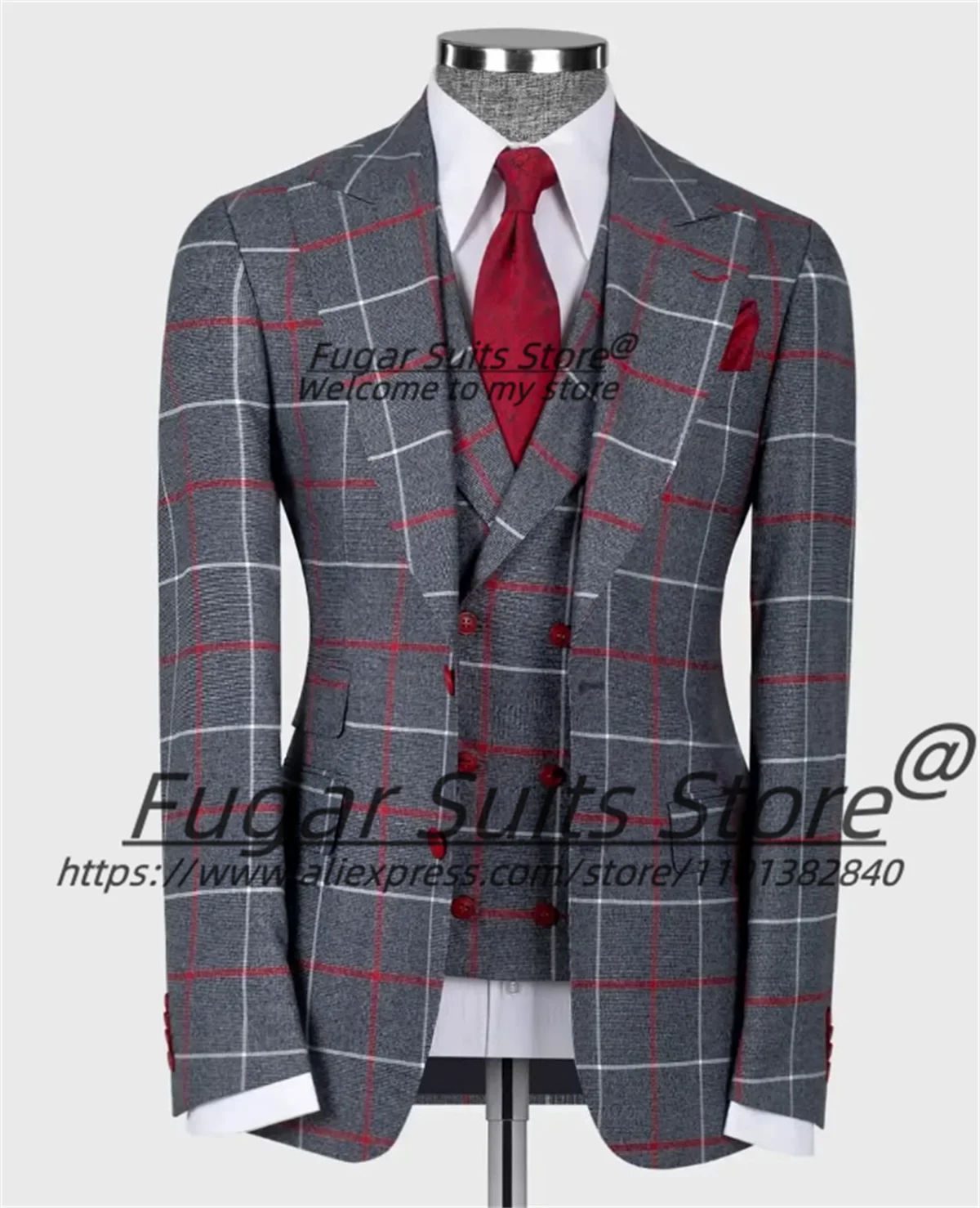 

High-end Customized Plaid Men Suits Slim Fit Peak Lapel Groom Wedding Tuxedos 3Pieces Sets Male Party Blazers Formal Ropa Hombre