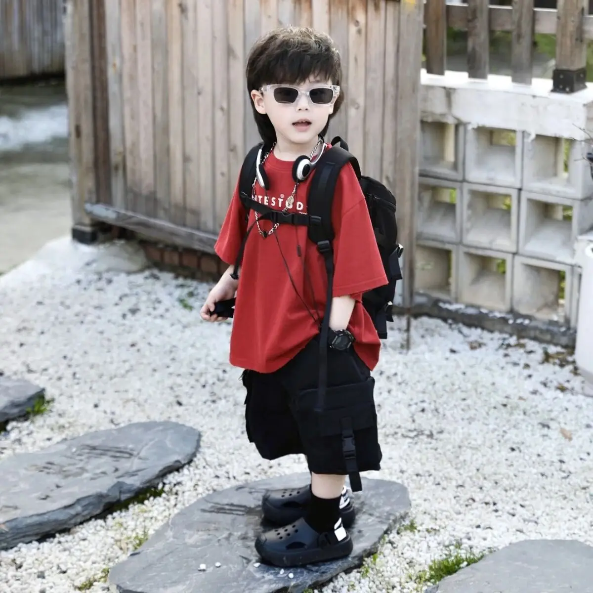 

Boys' Summer Set New Fashionable Trendy Children's Red Letter Printed Short Sleeve T-shirt Work Pants Two Piece Set