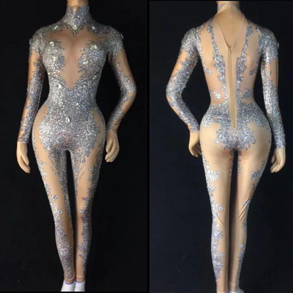 Srebrne koraliki wysoka elastyczność kombinezon damski wydajność impreza świętuj luksusowe lśniące kostiumy Drag Queen taniec na rurze