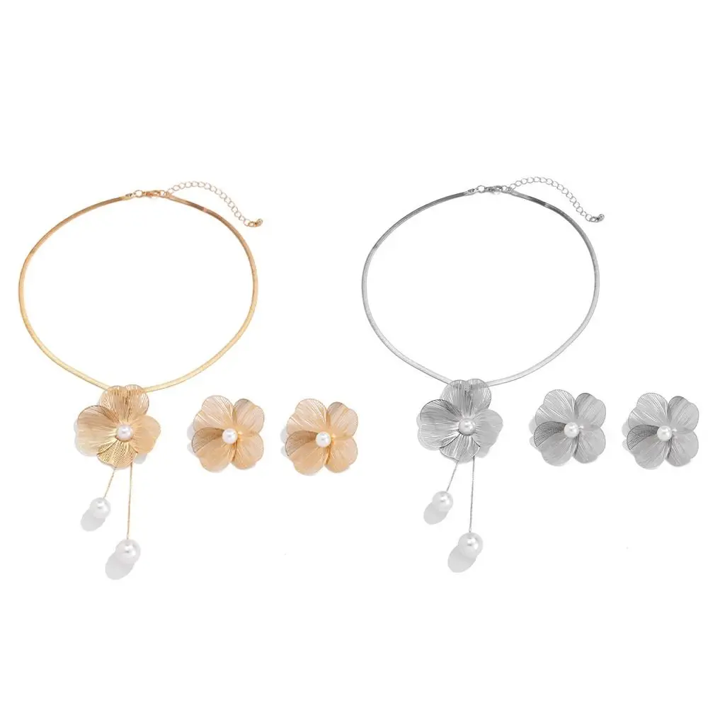 رومانسية الجوف زهرة طقم مجوهرات اللؤلؤ قلادة النحاس البتلة أقراط قلادة دعوى ترصيع أنيقة النساء المجوهرات دعوى الفتيات