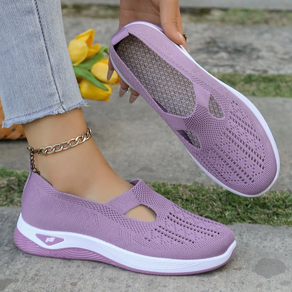 Women's Hollow Knit Mesh Slip On Sneakers, Orthopedic Comfortable Walking Shoes, Casual Flats for Elderly image 5